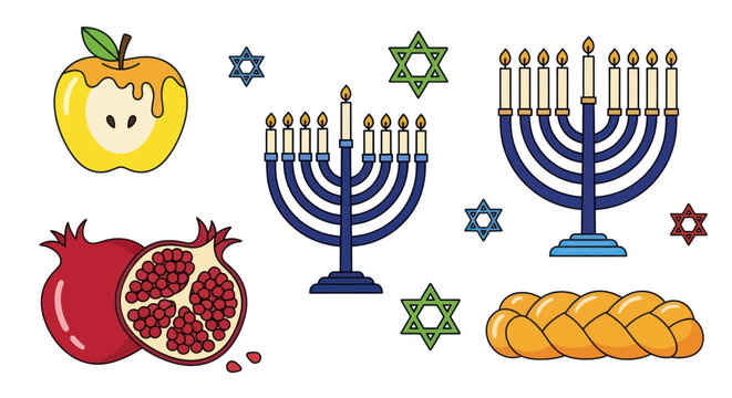 Jewish holiday symbols with menorah pomegranate apple and challah