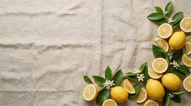 Natural citrus border featuring fresh whole lemons and green leaves on stone raw food lemon frame background vegetarian copy space ornament decoration