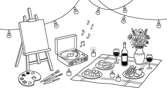 Romantic picnic setup with an easel, record player, wine, cheese, and flowers, line art illustration
