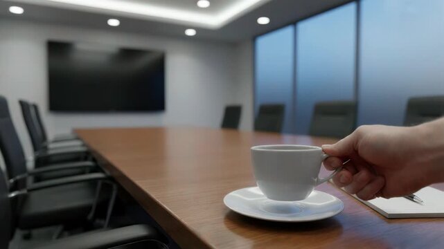 White coffee cup sitting on wooden table in office meeting room. Hand of man picking up mug for drinking break. Corporate business atmosphere setting interior.