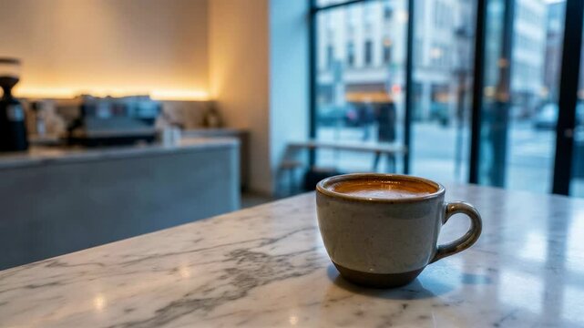 Ceramic mug of fresh espresso sitting on a marble table in a cafe. The blurred background shows a city street through a window in a modern coffee shop interior.