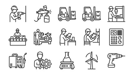Fototapeta premium Collection of black and white line art icons representing various daily activities and objects.