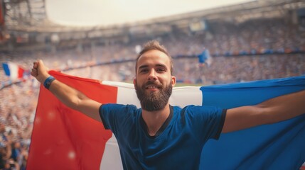 Fototapeta premium Fan celebrating with flag at sports event.