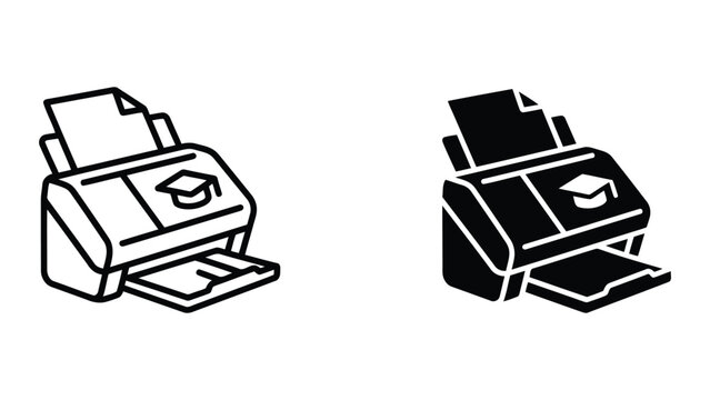 Document printer with graduation cap icon vector set for academic document printing school administration and educational certificate issuing in clean black and white minimalist line art style