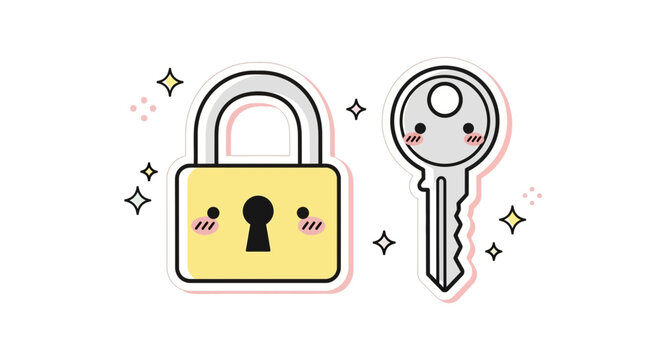 Cartoon lock and key illustration on white background security concept