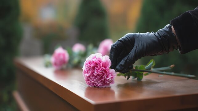 A hand places a flower on a wooden surface.