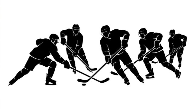 Silhouetted hockey players in dynamic action, battling for the puck on the ice with sticks raised, conveying intense competition and athletic movement in a clean, graphic style