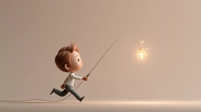 A playful worker chases a glowing motivation icon dangling from a fishing rod in an endless loop animation, creating a humorous productivity and goal-chasing concept.