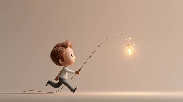 A playful worker chases a glowing motivation icon dangling from a fishing rod in an endless loop animation, creating a humorous productivity and goal-chasing concept.