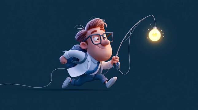 A playful worker chases a glowing motivation icon dangling from a fishing rod in an endless loop animation, creating a humorous productivity and goal-chasing concept.