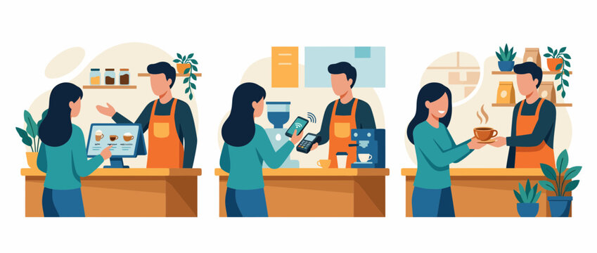 Customer Using NFC Mobile Contactless Payment at Cafe Counter