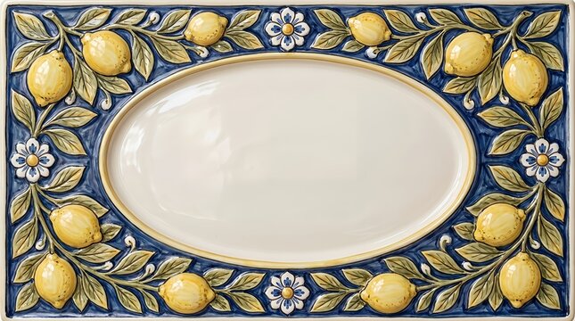 Rustic ceramic platter with painted lemon frame design and a central blank oval serving space citrus border ceramic art fruit border yellow lemon tableware