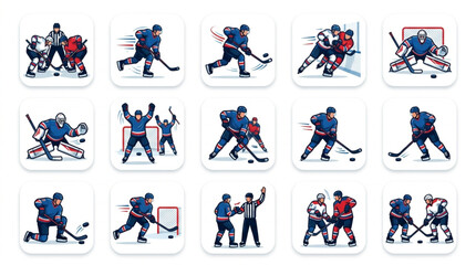 Fototapeta premium Flat lay collage of ice hockey scenes including players, goalies, referees, and action shots, presented on a clean white background with dynamic blue and red accents