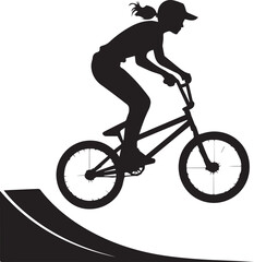 Fototapeta premium Girl riding bmx bicycle jumping off ramp silhouette on transparent background, extreme sport action.