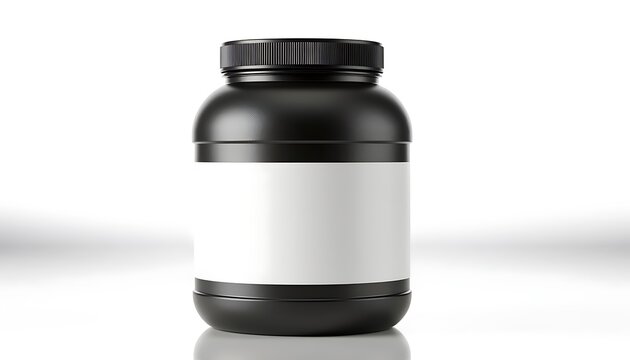 A black plastic supplement container with a white label sits on a reflective surface in a clean environment.