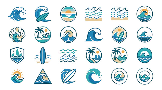 Set of minimal beach and surfing line art icons featuring waves and palm trees