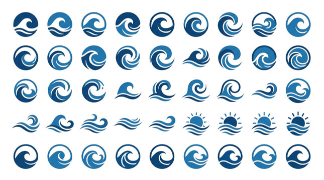 Blue ocean wave icons set for marine graphic design and logo branding