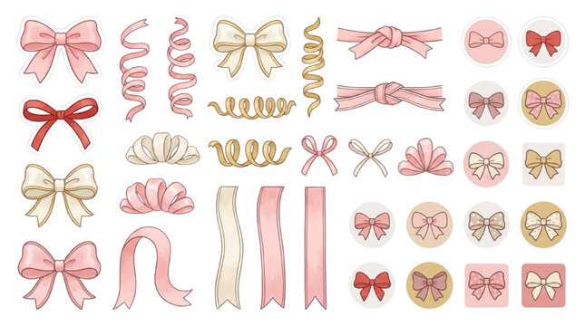 Elegant watercolor style ribbon bows and streamers set in pink, cream, and red colors