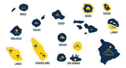 Hawaiian islands map icons with tropical symbols and names © ladawe