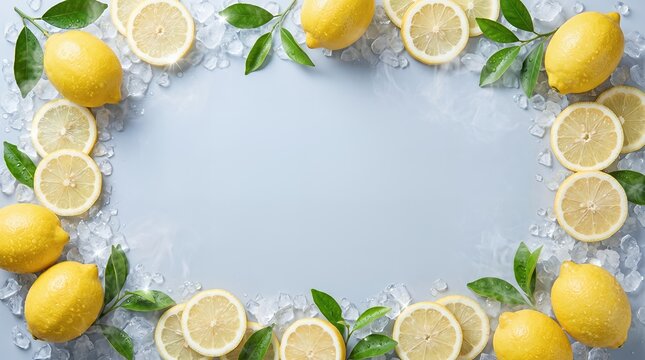 Cold lemon frame citrus border citrus frame with ice cubes on light blue background citrus fruit background refreshing culinary ingredient cocktail