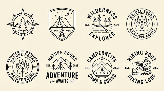 set of camping logo line art simple minimalist vector illustration template icon graphic design. bundle collection of various camp at nature with badge and typography style