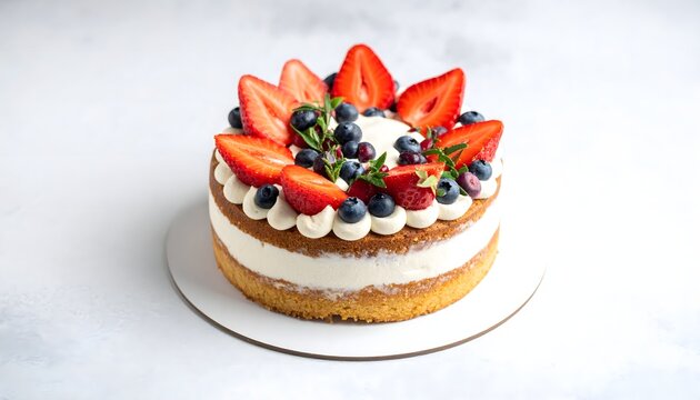 Tarta de frutas con fresas y ar&aacute;ndanos sobre crema blanca en composici&oacute;n de reposter&iacute;a elegante sobre fondo claro