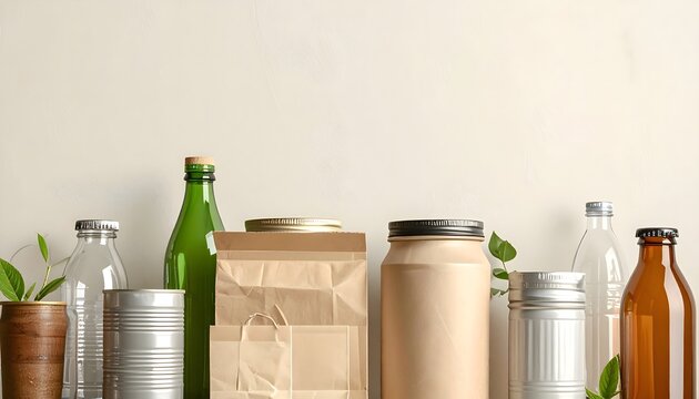 Envases sostenibles reutilizables y reciclables con bolsas de papel, botellas y latas sobre fondo claro minimalista