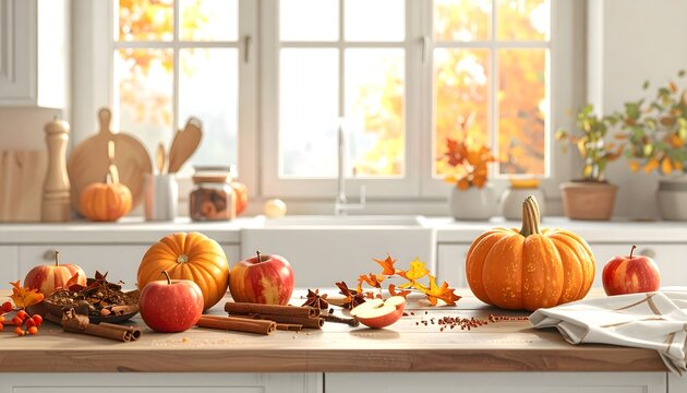 Mesa oto&ntilde;al con calabazas, manzanas, hojas secas y decoraci&oacute;n natural junto a ventana luminosa en ambiente acogedor