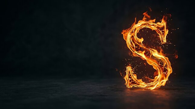 Burning letter s in bright orange flames against a dark background