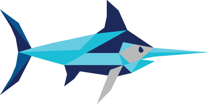 Geometric Polygonal Swordfish Illustration in Blue Tones with Low Poly Style for Marine, Sport Fishing, and Nature Design Projects