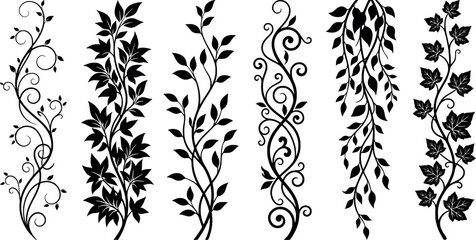 Set of black floral silhouettes, decorative vine elements with leaves and swirls for design © SampaRani