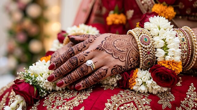 Close up of a brides hands adorned with intricate mehndi designs and traditional bangles.