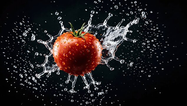 Red ripe tomato splashing in clear water with droplets on black background high speed photography style.