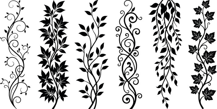 Set of black floral silhouettes, decorative vine elements with leaves and swirls for design
