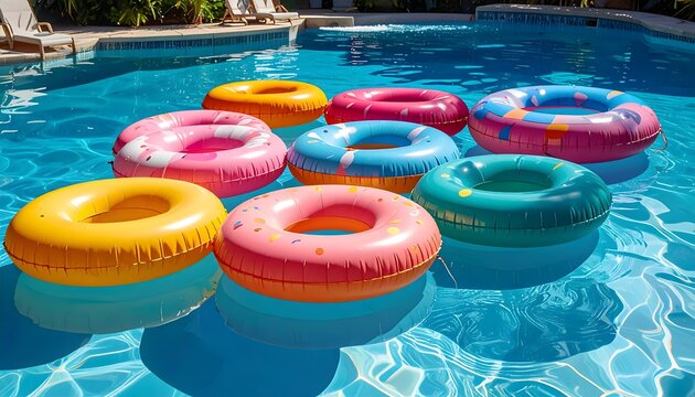 Flotadores de colores en piscina azul con agua cristalina en escena veraniega de ocio, vacaciones y diversi&oacute;n
