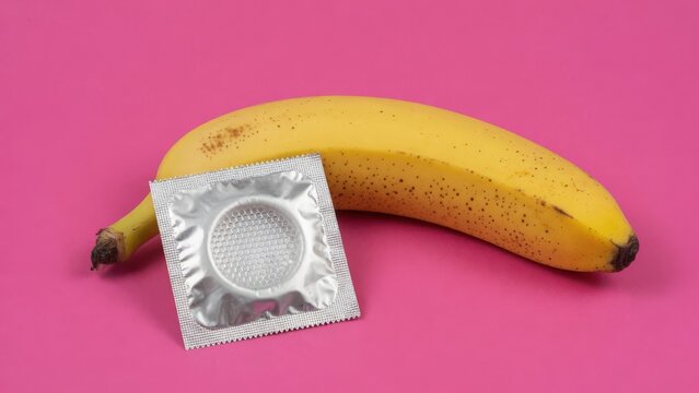 Condom and Banana On Pink Background Symbolizing Safe Sex, Contraception and Sexual Health Education