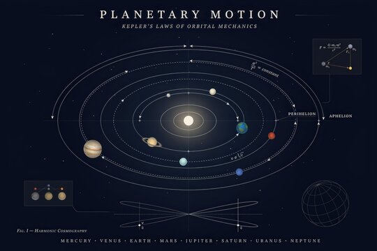 Scientific infographic showing planetary motion, kepler laws of orbital mechanics, and solar system orbits on a dark blue space background
