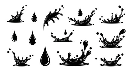 Fototapeta premium Graphic black liquid splash and droplet silhouette set