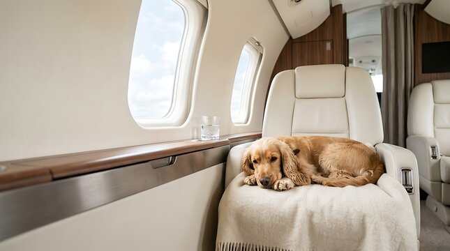 Golden spaniel dog resting on a seat inside a luxury private jet