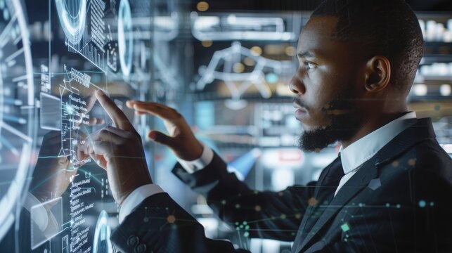 Software engineer carefully touches a translucent digital screen to adjust intricate network nodes and glowing data points during a late night session in the control room.