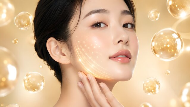 Beautiful Asian woman with glowing skin and golden collagen lifting effect