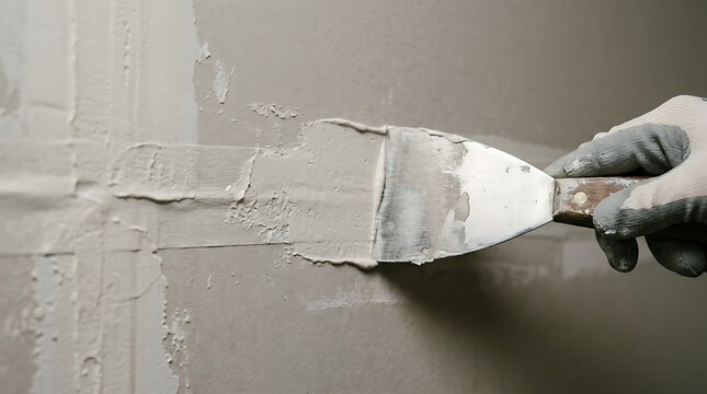 Close up of a gloved hand repairing a wall with joint compound
