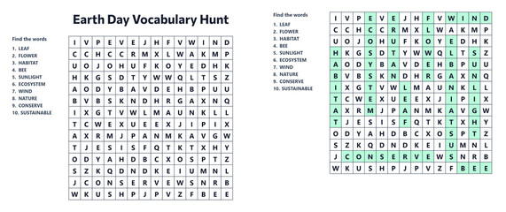Earth Day vocabulary hunt word search puzzle with sustainability terms with answer