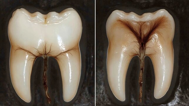 3D Cross Section of Molar Tooth Anatomy showing Dental Pulp and Nerve System for Educational Medical Illustration