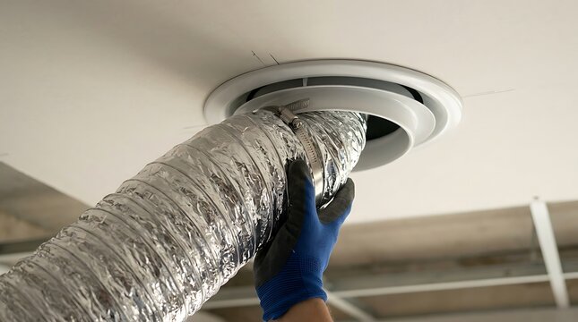 Technician installing flexible air duct into a ceiling vent