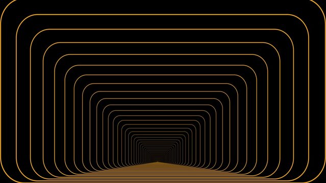 Abstract infinite tunnel of glowing orange rounded rectangular frames.
