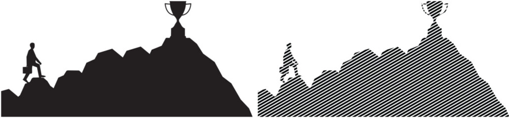 Obraz premium Business success mountain climbing vector illustration set with trophy atop peak featuring silhouette and striped design styles isolated on transparent background.