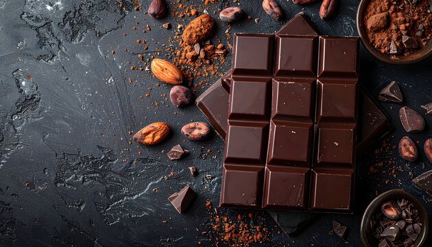 Tableta de chocolate negro con granos de cacao y cacao en polvo sobre fondo oscuro en composici&oacute;n gourmet elegante