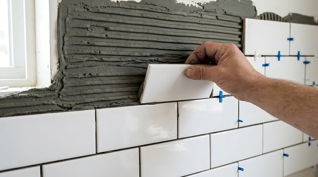 Professional installing white subway tiles on a kitchen wall