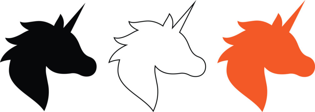 Unicorn head profile silhouette vector illustration collection showing black outline and orange flat icon for magical creature fantasy myth graphic element design asset.